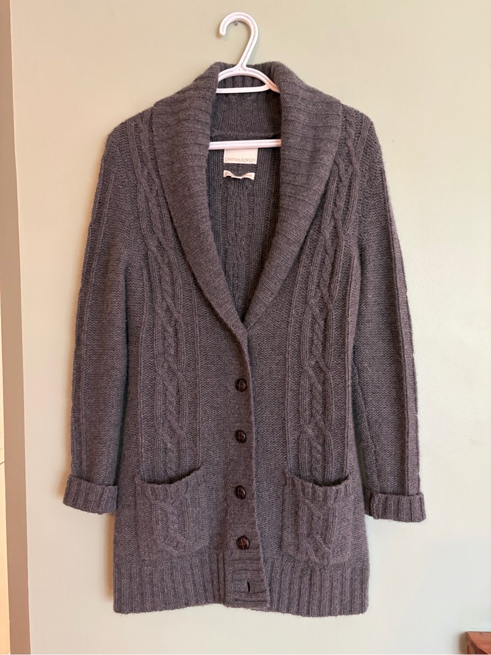 Cynthia Rowley Cashmere Long Cardigan S Gray Shawl Collar Cable Knit Luxury Cozy